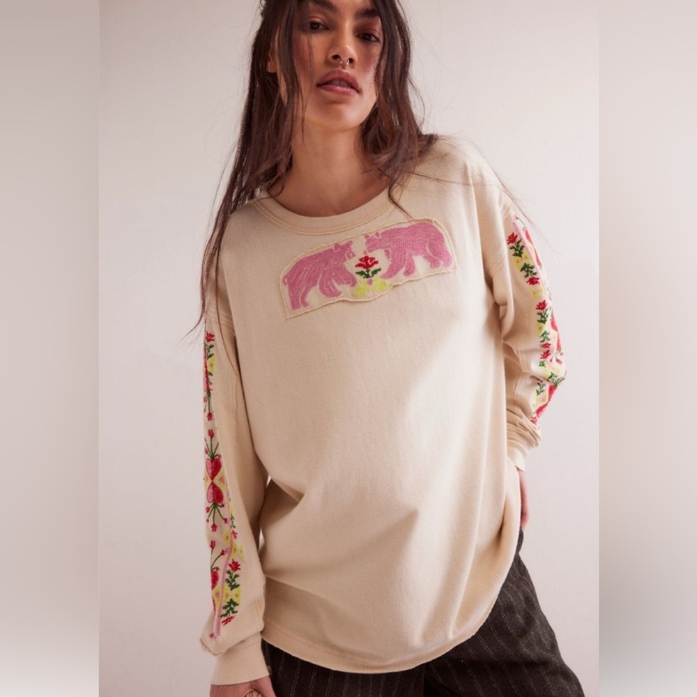 Free People, We The Free All My Heart Embroidered Long Sleeve T-Shirt, Sz. Large